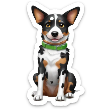 Black and white spotted Australian cattle dog with collar sticker