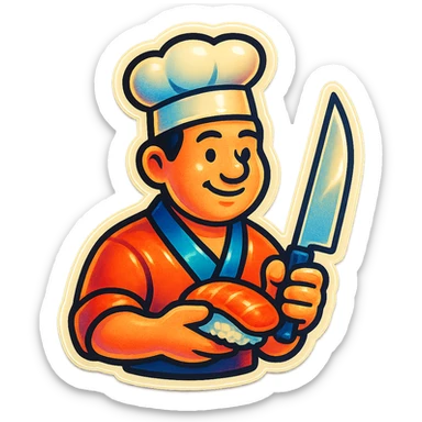 A sushi chef with a chef's hat and a retro vibe sticker