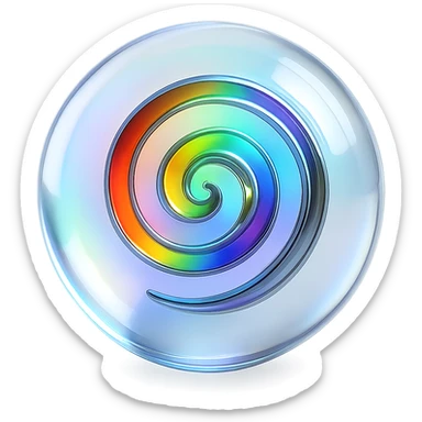 Make the reflective chrome spiral at the center of the clear sphere rainbow-colored, keep the sphere emitting a faint glow with no background. sticker