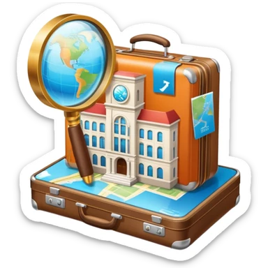 An icon featuring a suitcase, a hotel building, symbolizing the academic study of tourism and hospitality. The design includes a travel map and a magnifying glass, representing research into destinations and hospitality management. Transparent background sticker