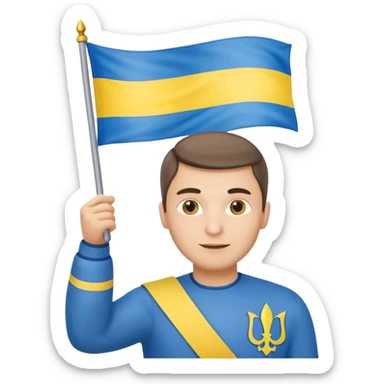 photorealistic Ukrainian man with the flag of Ukraine sticker