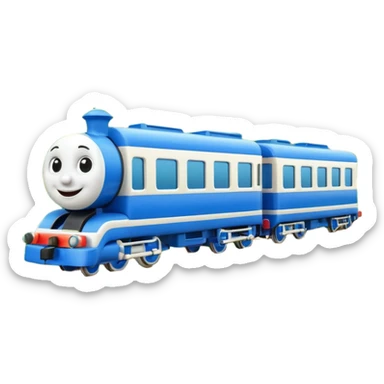 A 3D cartoon passenger train with blue carriages and visible windows, moving through countryside, Memoji-style. sticker