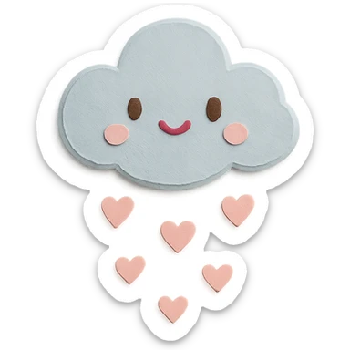 soft pastel small fluffy cloud raining tiny pink hearts, no arms, no legs, full body, soft pastel kawaii paper craft style sticker