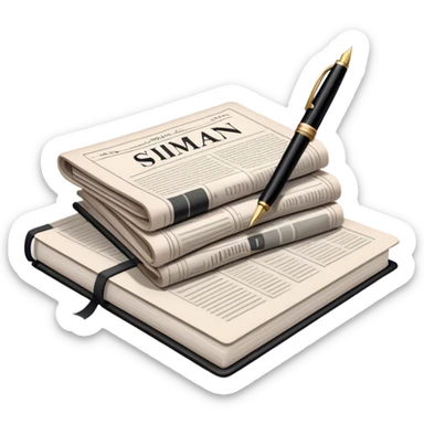 Create an emoji representing journalism and publicistic writing. The design should feature a stack of newspapers, an open notebook, and a single classic fountain pen placed on top of the notebook, symbolizing the act of writing. The scene should convey a sense of professionalism and thoughtful analysis. Use a neutral and professional color palette, with black, white, and muted tones. Do not include any emojis or smiley faces. Make the background transparent. sticker
