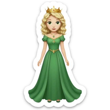 Queen, crown, blonde wavy hair, green eyes, long green narrpw dress, whole Body, sticker