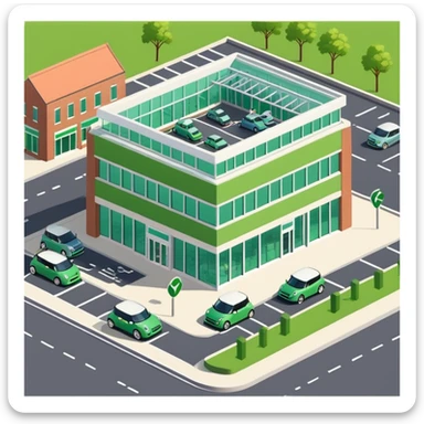 Isometric Waitrose supermarket building with green branding, brick exterior, glass entrance, British parking area with Mini Cooper cars sticker