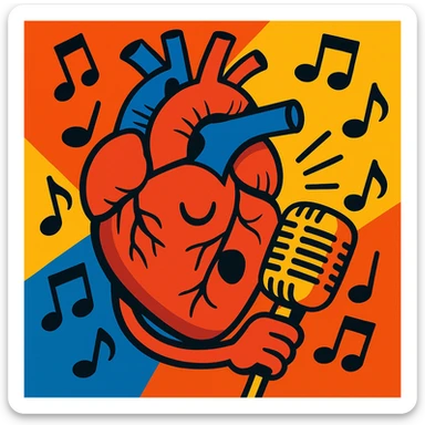 anatomical heart holding a vintage microphone, surrounded by music notes, dynamic style sticker