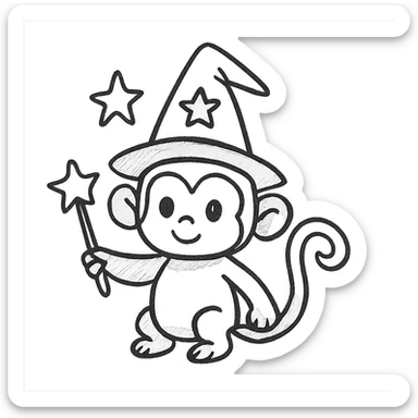 wizard monkey, hand drawn black line style, cute and playful, big eyes, star-shaped accessories sticker