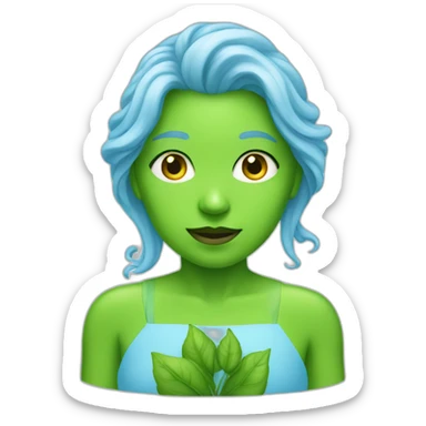 un green woman which a baby blue sticker