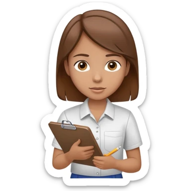 Intern or volunteer with brown hair holding a clipboard and pencil, ready to take notes or assist. The character wears a simple shirt and has an eager posture sticker