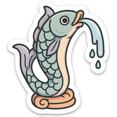 elongated vertical fountain in the form of an elegant fish with a water stream flowing from its mouth, eastern style, detailed drawing with shadows and highlights, thin clean contours, soft rounded shapes, pastel palette #98B5BC, #B5B3C1, #C9A3C9, #E4C0CA, #F7DCD1, #F7C0AA, modern Japanese pop art and sticker aesthetics, soft lighting, transparent background, no stand sticker