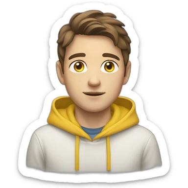 A white young man with middle long brown hair and a yellow hoodie sticker