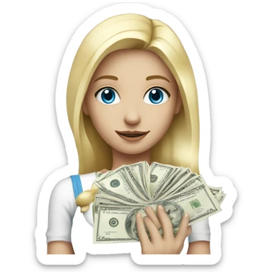 Blonde girl, white with blue eyes holding a lot of money sticker