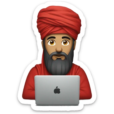 A caliph with turban and red clothes writing in a laptop sticker