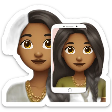 A brown girl in her teens taking a mirror selfie and holding her phone looking into the camera in an olive green kurta and wearing a gold chain and long black straight hair with hair open  sticker