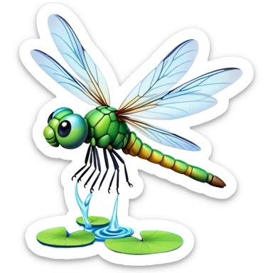claymation style dragonfly flying with a blurred motion effect, colorful pond background sticker