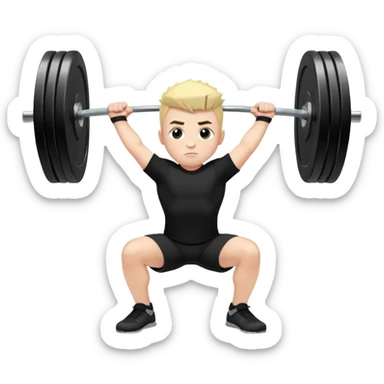 A boy with fair skin, black front spike and wearing a black shirt is doing an overhead squat with a lot of weight on the barbell sticker