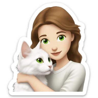brown-haired girl with gray eyes hugs a white Turkish Angora cat with green eyes sticker