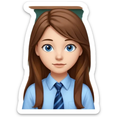 high school class room with a blackboard, with a pretty female high school student with long brown hair, blue eyes, wearing a tie sticker