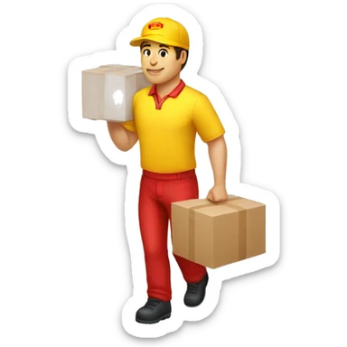 a delivery person with a yellow outfit with some red lines like the DHL logo. The delivery person carry somes carton boxes. sticker