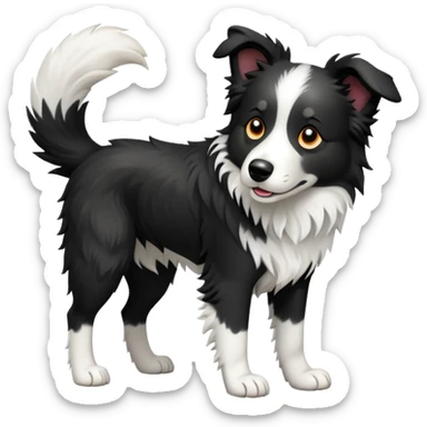 cinematic-[border collie dog]-realistic-full-body-sitting-emoji,-tail-resting-loosely-beside-its-paws,-head-tilted-dramatically,-scruffy-[black and white]-fur,-simplified-yet-realistic-focused-features,-highly-detailed,-glowing-with-an-almost-sarcastic-glow sticker
