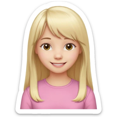 Menina branca de cabelo loiro longo de franja na testa sorrindo blusa rosa sticker