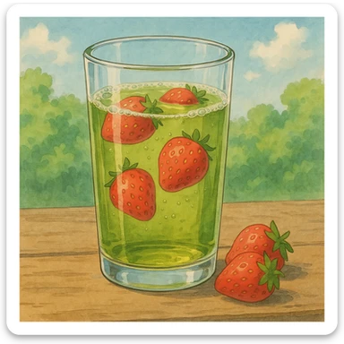 realistic glass of green tea with strawberries in ghibli style sticker