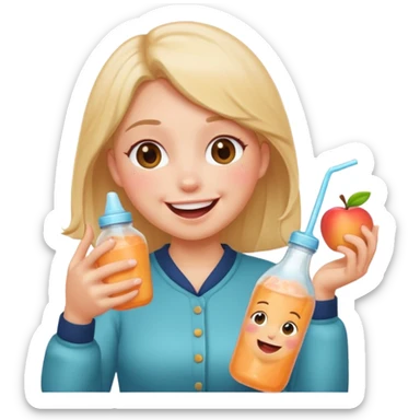smiling emoji with blushing cheeks, cute begging face, holding a bottle labeled 'Syx Peach Ice', laughing, apple emoji style sticker