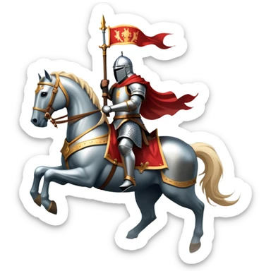 An icon representing an adventure game, inspired by medieval fantasy worlds. The design features a noble knight in gleaming armor, riding a powerful warhorse through a misty battlefield. The backdrop includes towering castles and banners flying in the wind, evoking a sense of honor, duty, and epic quests. Transparent background. sticker