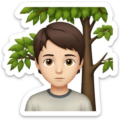 boy with straight short brunette hair brown eyes and tree behind sticker