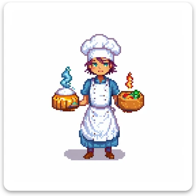 Portrait of a transcendent baker with shifting forms and layered outfits from different realities, glowing with epic energy, skeuomorphism style sticker