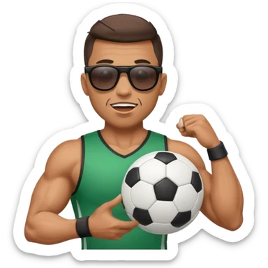 Cane muscoloso con occhiali da sole con un pallone da calcio in bocca sticker