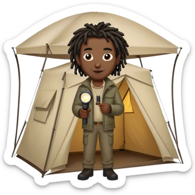 dark skinned black man with short dreads standing over a tent aiming his flashlight at the tent with an evil smile on his face sticker