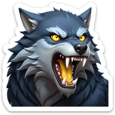 cinematic-noble-fierce-werewolf-howling-portrait-emoji, poised-and-imposing, with a fierce wolfish face tilted upwards in a haunting howl, glowing eyes full of primal ferocity, sharp, elongated fangs bared, and a rugged snout, fur rippling in shades of midnight black and silver, muscles tensed as the powerful howl echoes beneath the moonlit sky; rendered with realism, capturing the raw, untamed power of the beast in its wild, primal state sticker
