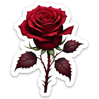 A single Gothic rose, its deep red petals unfolding in shades of scarlet and burgundy, stands alone against a dark, misty backdrop. A flowing black silk ribbon wraps around its thorny stem, adding an air of mystery and elegance. sticker