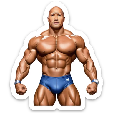 Dwayne 'The Rock' Johnson on stage at the Mr. Universe bodybuilding competition, covered in oil, flexing his powerful muscles. His physique shines under bright stage lights, showcasing his strength and dedication. The audience and judges are blurred in the background. Transparent background. sticker