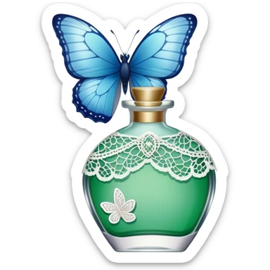 A single delicate blue butterfly resting on the edge of a lace-trimmed green  perfume bottle.
 sticker