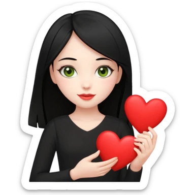 Pale girl with straight black hair and olive green eyes soft smile wearing black dress and holding a heart sticker