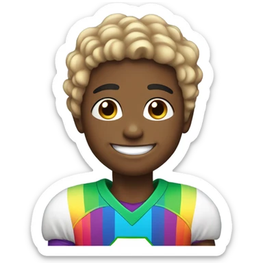 smiling boy with earrings wearing rainbow football jersey sticker