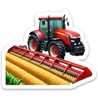 An icon representing a farming simulator, with a detailed tractor plowing fields under a bright sky with rural landscape. The design includes farming tools, crops and barns, symbolizing the immersive experience of managing a farm. Transparent background. sticker