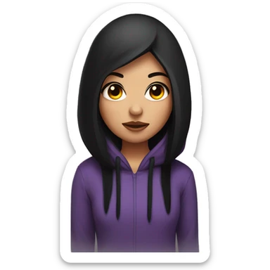 Girl with black straight hair with big eyelashes in hoodie with devil horns  sticker