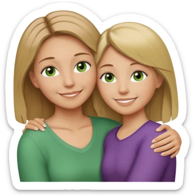 Mom daughter hugging, mom has light brown hair to collarbone and green eyes and is white with tan skin, daughter has dirty blonde hair to upper back with hazel eyes and is white with tan skin sticker