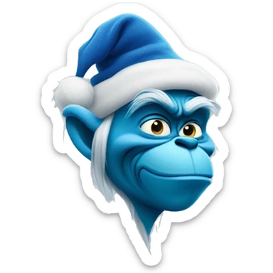 blue grinch with a mysterious look on his face sticker