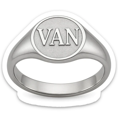 a silver ring with the letters V, A, and N engraved sticker