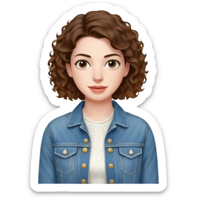 Anne Hathaway in short curly hair and white dress with denim jacket sticker