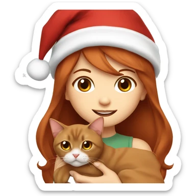 cherry red hair cute girl holding burmese brown cat in christmas cap sticker