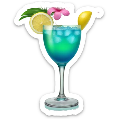 Blue/green cocktail with pink tropical flowers and lemon sticker