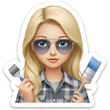 girl with long blond hair, wearing grey plaid shirt with blue eyes and aviator sunglasses wearing a ring on her silver necklace, holding a paint brush roller sticker
