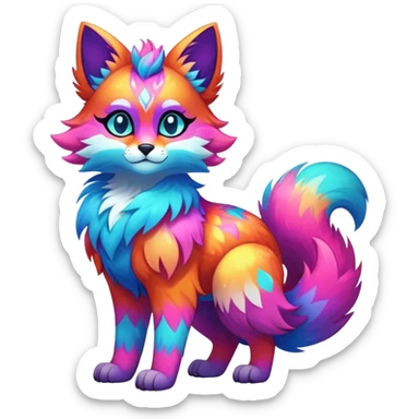 Vibrant multicolored neon-colored Falvie-Fionbri-creature-sparkle-feline-canine-hybrid-fursona, full body, fur pattern-markings sticker