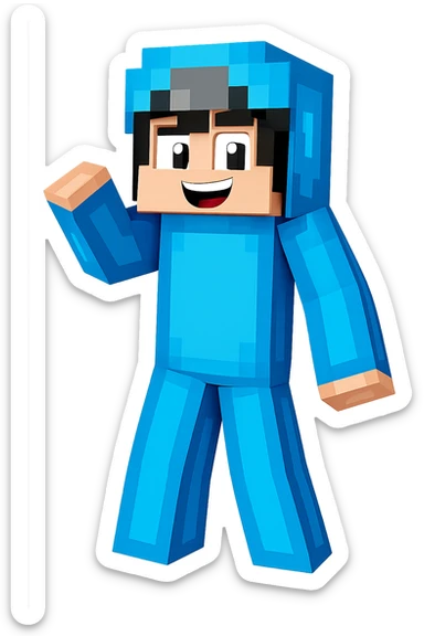 Extract only the Minecraft character in the blue suit from the image, place it on a transparent background, and keep the original Minecraft cartoon style and appearance. sticker